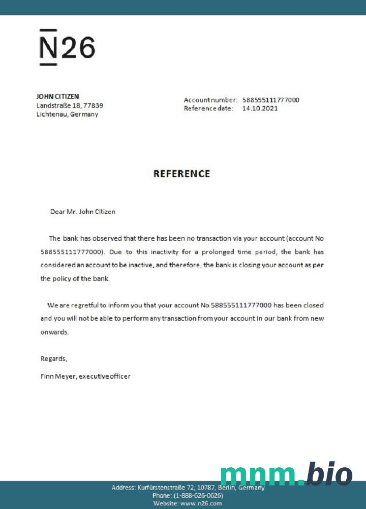 Niemcy N26 przykład odniesienia zamknięcia w formatach Word i PDF
